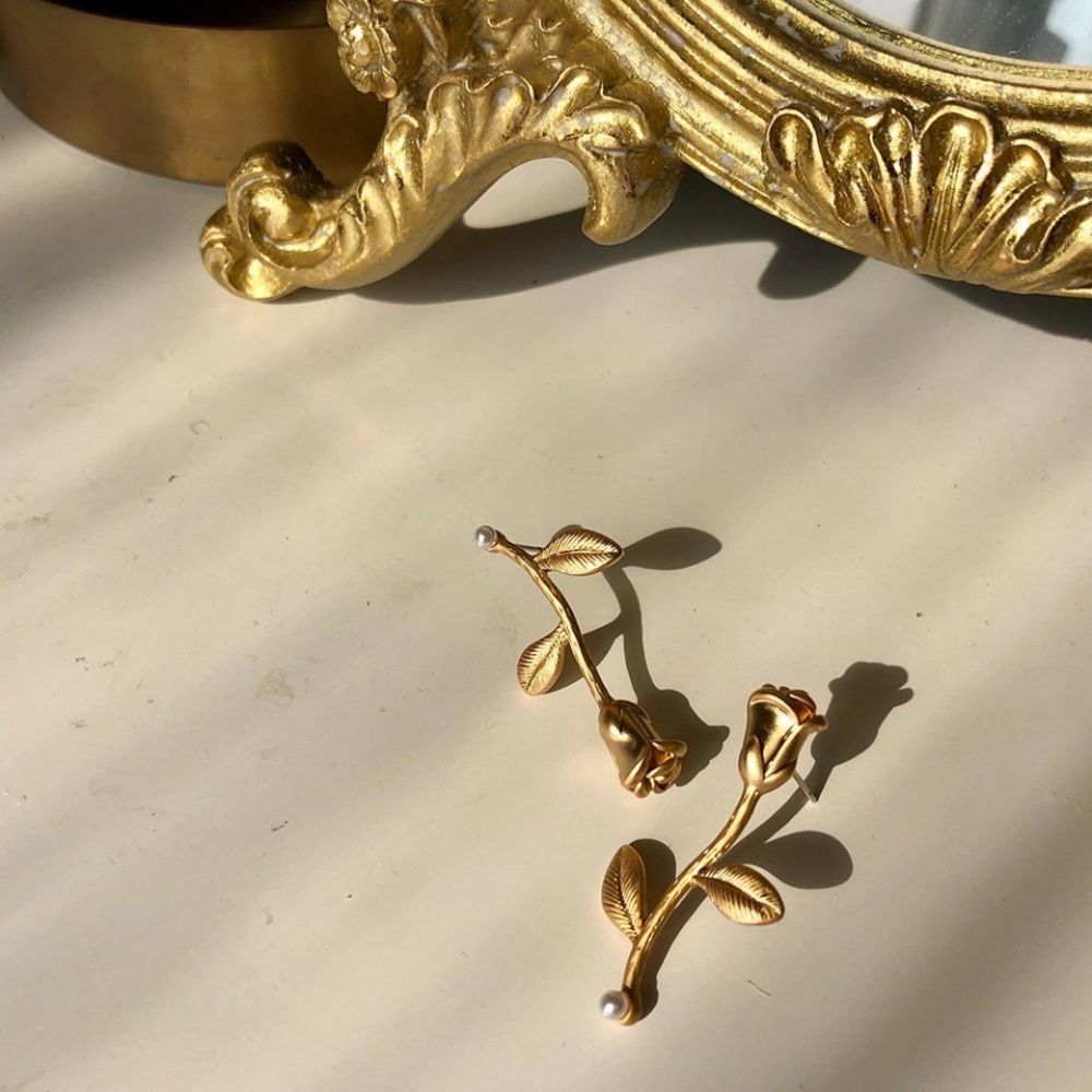 New Rose Earrings 14k Gold over 925 Silver Flower Beauty and Beast Earrings - Picture 5 of 6